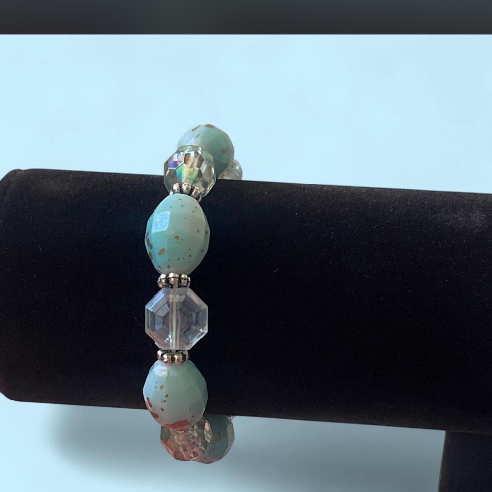 Turquoise Bead and Faceted Crystal Stretch Bracelet - Women Jewelry